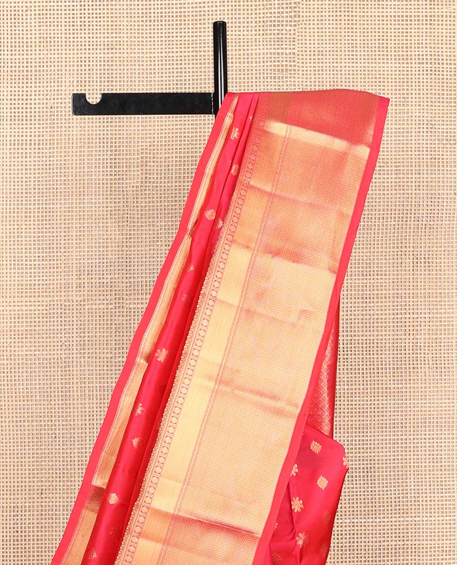 Red zari buttas Vasundhara silk mix saree, zari border of thilakam mokku,muthu,rudraksham & mayil kann & jaal pallu