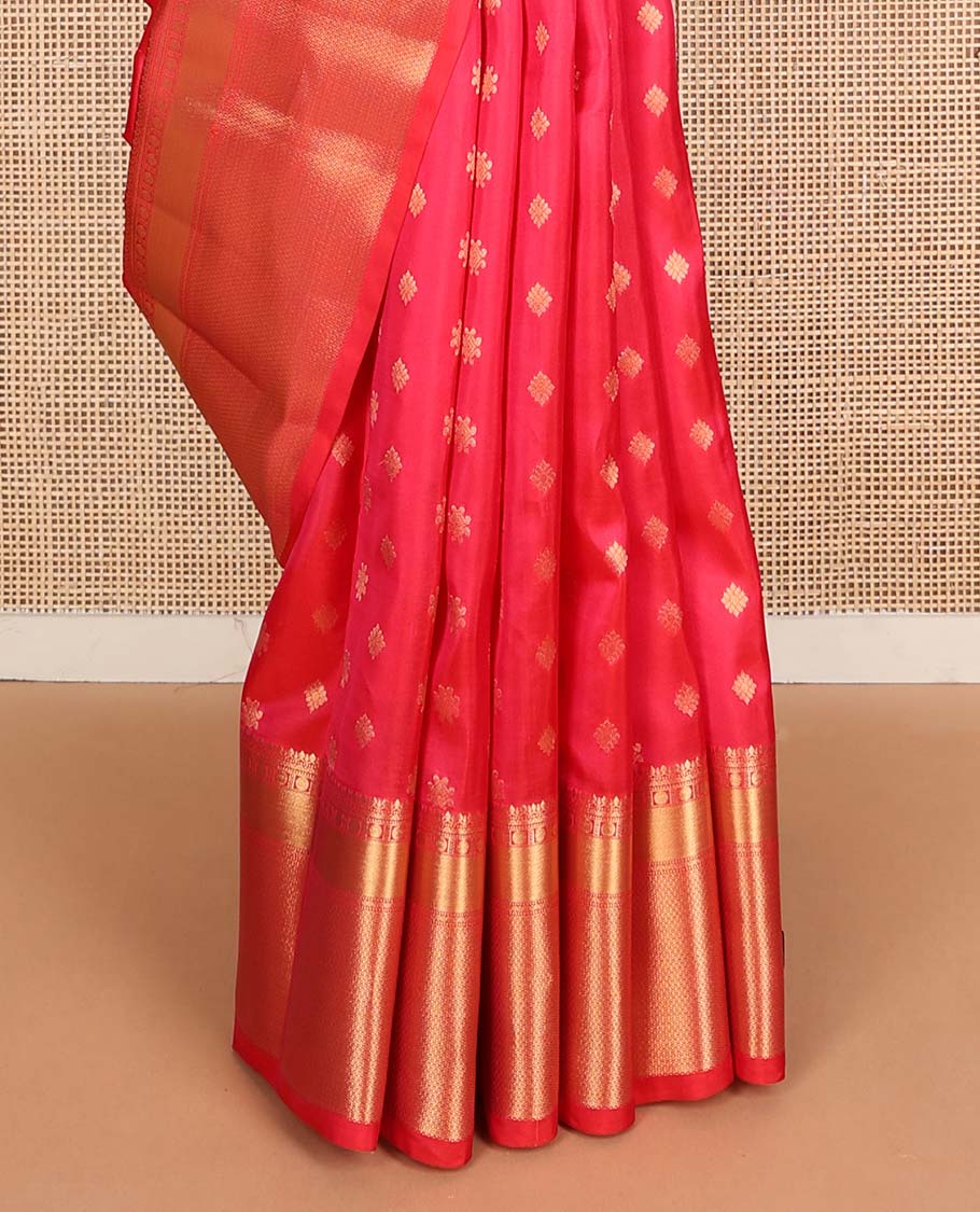 Red zari buttas Vasundhara silk mix saree, zari border of thilakam mokku,muthu,rudraksham & mayil kann & jaal pallu