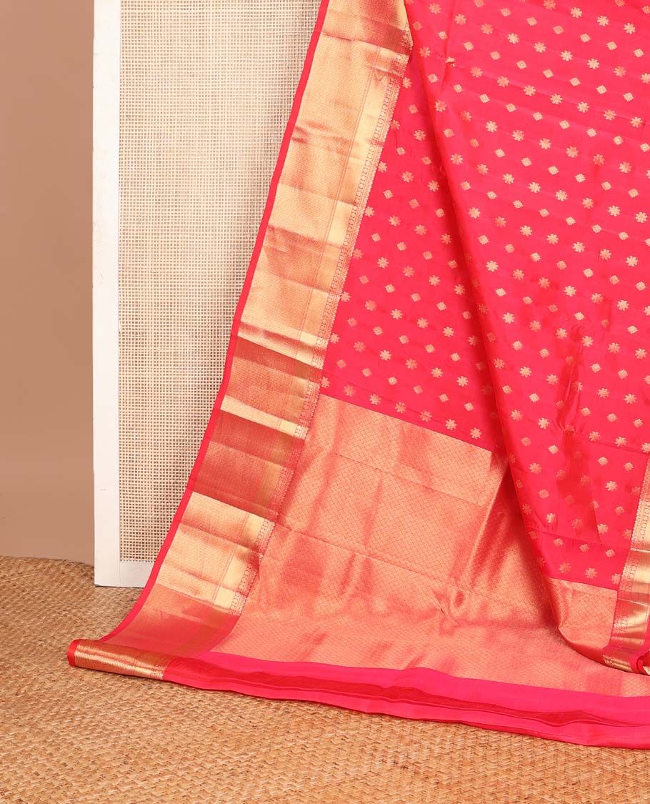 Red zari buttas Vasundhara silk mix saree, zari border of thilakam mokku,muthu,rudraksham & mayil kann & jaal pallu