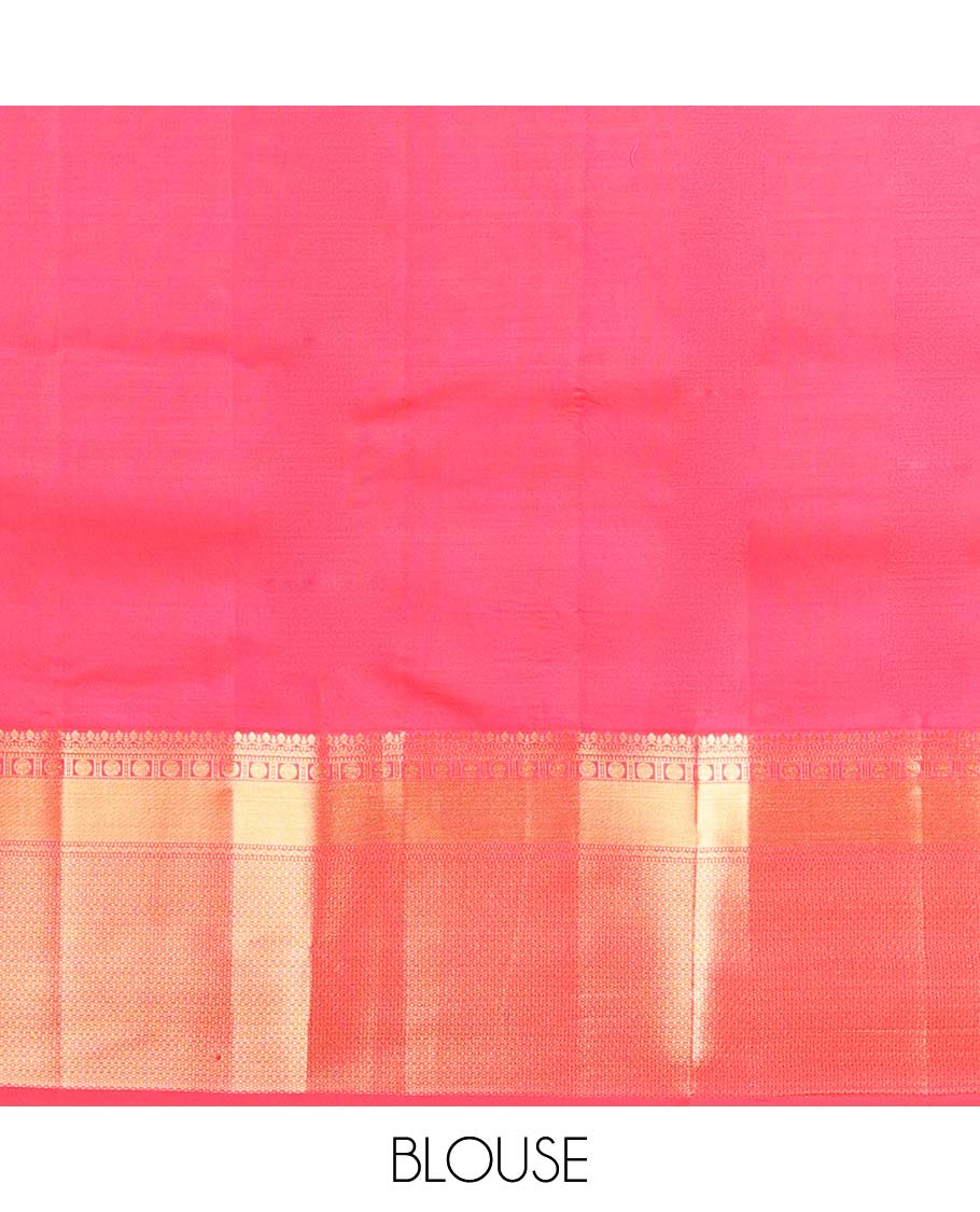Red zari buttas Vasundhara silk mix saree, zari border of thilakam mokku,muthu,rudraksham & mayil kann & jaal pallu