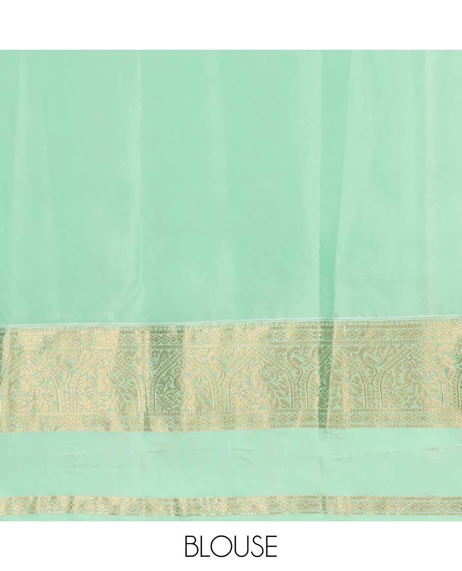 Orange zari buttas Vasundhara silk mix saree, contrast border rettai pettu of mayil designs, and jaal pallu