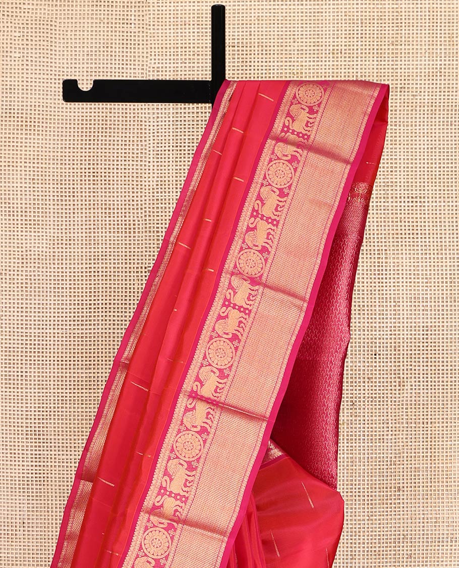 Pink Vasundhara Lite-Silk Mix Saree, Elevated with Malli Mokku Buttas, Contrast Border of Yaali, Chakram, and Mayil Kann Design, Grand Pallu, and a Contrast Blouse