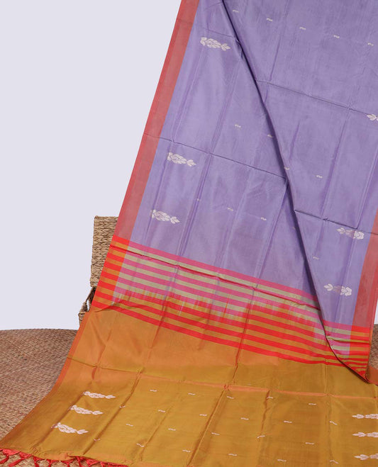 Violet floral motifs banana pith saree with  contrast plain border & striped with floral motifs pallu