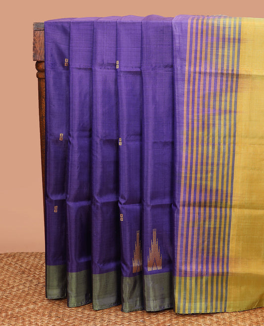 Violet Banana Pith Saree, Uniquely Detailed with Buttas and Temple Buttas All Over Its Body, Complemented by a Contrast Border, Pallu Steeped with Stripes and Buttas, and Paired with a Contrast Blouse