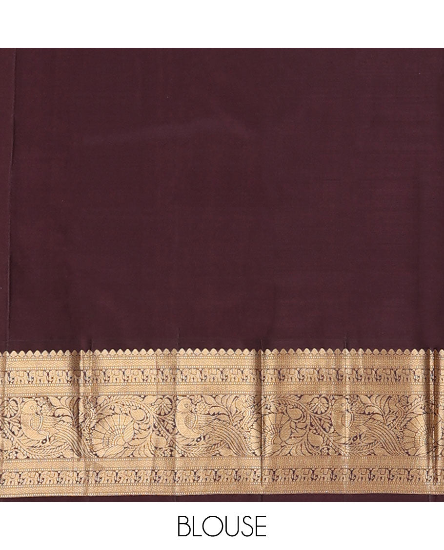 Orange zari mayil buttas silk saree, contrast arumbu manga pallu & border of salngai,muthu,mayil kann,yaanai, kili & kodi visiry