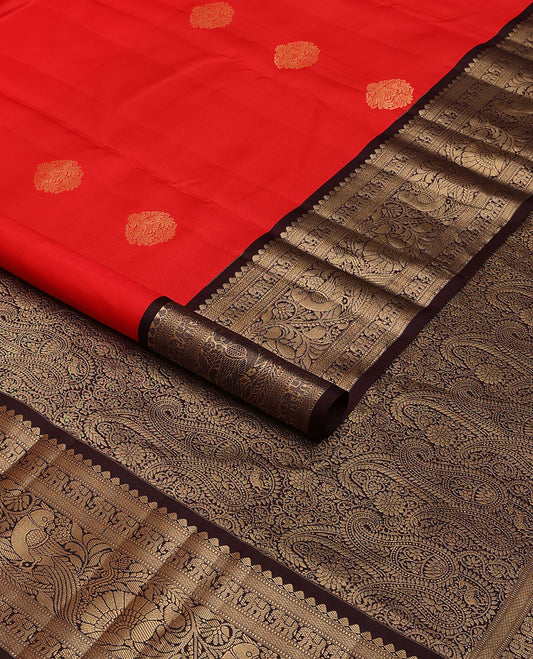 Orange zari mayil buttas silk saree, contrast arumbu manga pallu & border of salngai,muthu,mayil kann,yaanai, kili & kodi visiry
