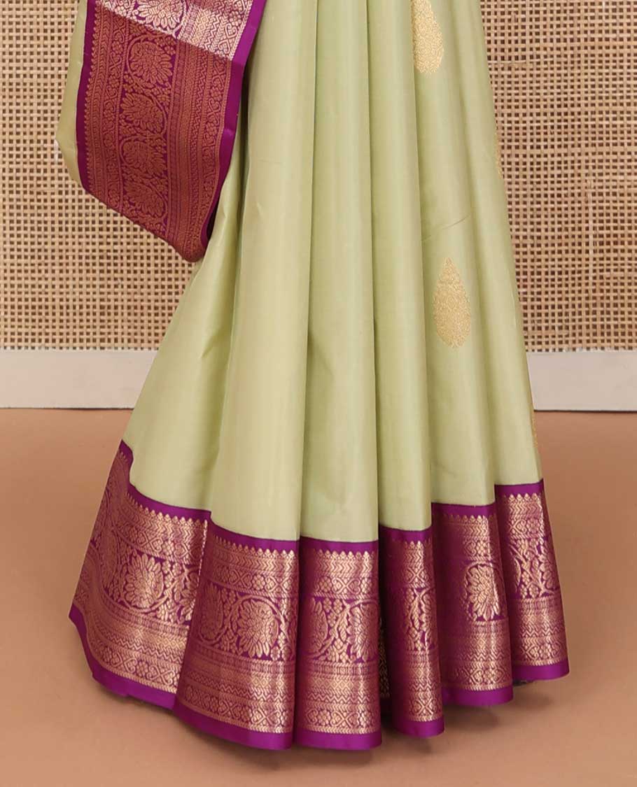 Sandal zari buttas silk saree, contrast border of thilakam, jada nagam, neli and kodi visiry and pallu of diagonally woven kodi manga and geometric designs