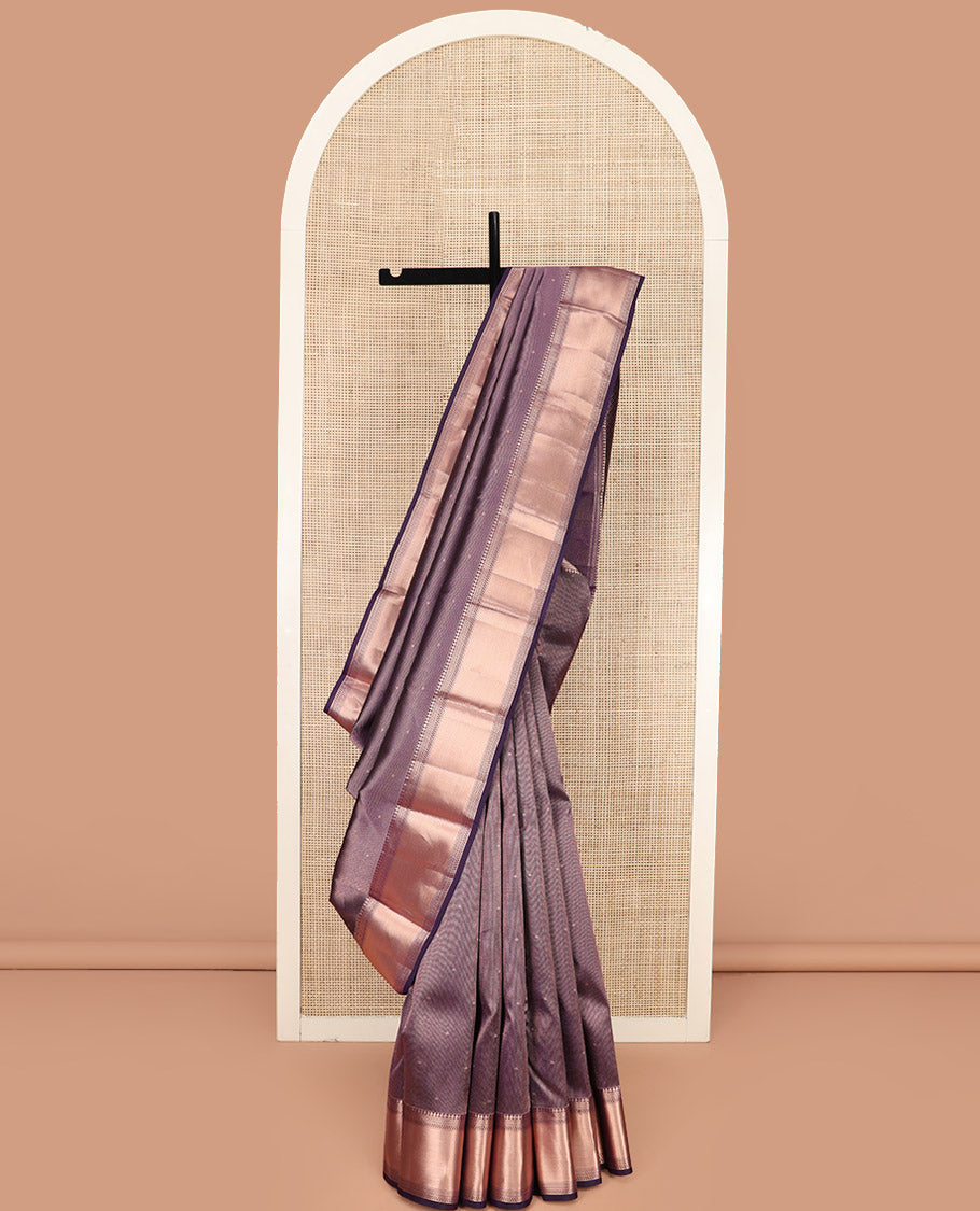 Blue Kanchipuram Silk Saree Detailed with Zari Buttas and Zari Checks, Highlighted by a Zari Border of Geometric Designs, Elegantly Zari Highlighted Pallu, and Paired with a Matching Blouse