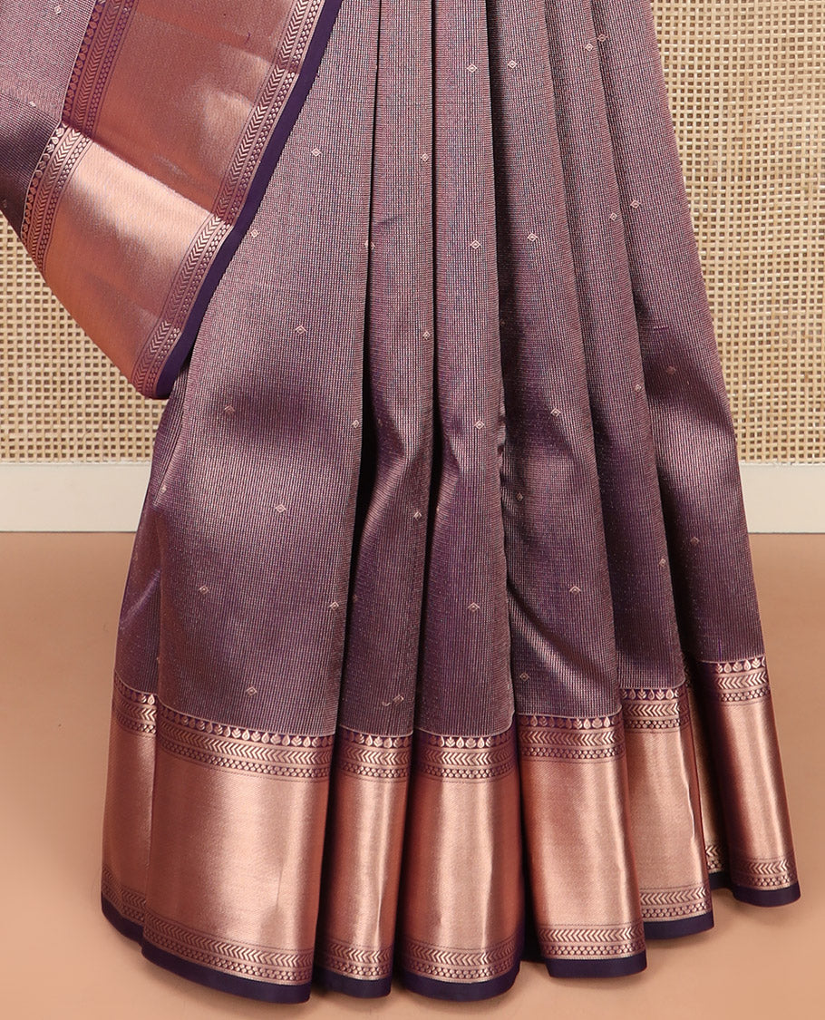 Blue Kanchipuram Silk Saree Detailed with Zari Buttas and Zari Checks, Highlighted by a Zari Border of Geometric Designs, Elegantly Zari Highlighted Pallu, and Paired with a Matching Blouse