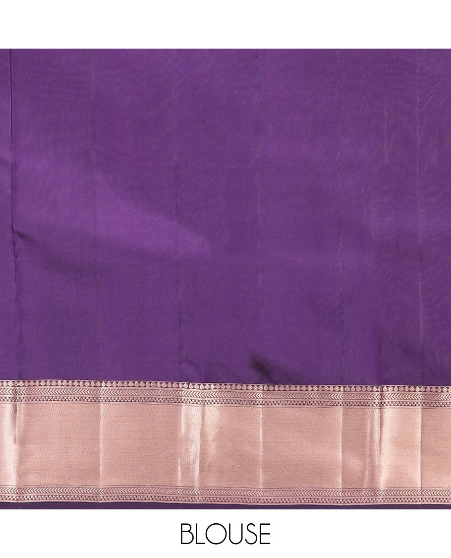 Blue Kanchipuram Silk Saree Detailed with Zari Buttas and Zari Checks, Highlighted by a Zari Border of Geometric Designs, Elegantly Zari Highlighted Pallu, and Paired with a Matching Blouse