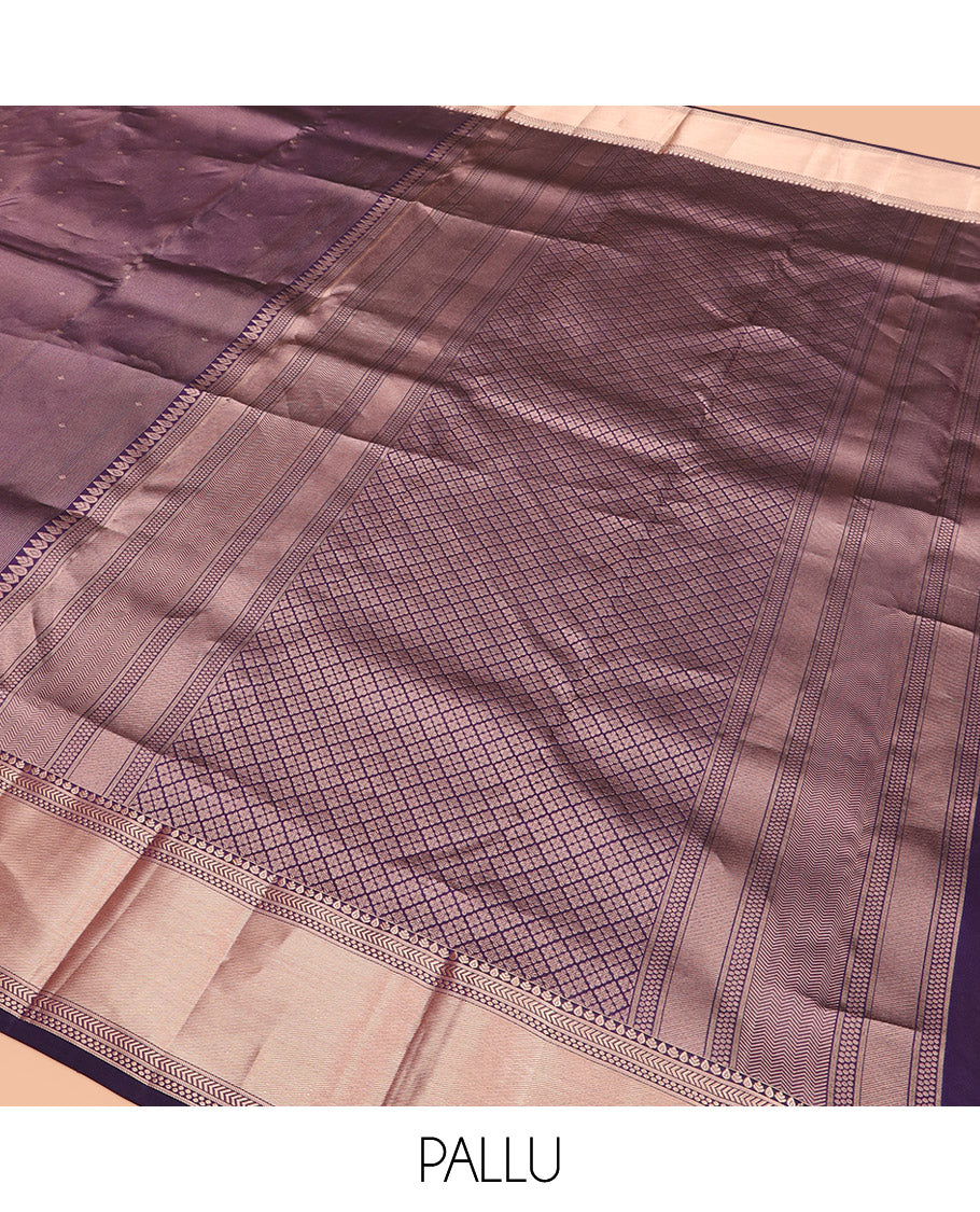 Blue Kanchipuram Silk Saree Detailed with Zari Buttas and Zari Checks, Highlighted by a Zari Border of Geometric Designs, Elegantly Zari Highlighted Pallu, and Paired with a Matching Blouse