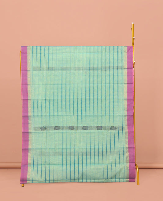 Blue Kanchi Cotton Saree, Uniquely Designed with Buttas and Stripes on Its Body, Complemented by a Contrast Border, a Pallu of Paisleys, and Paired with a Matching Blouse