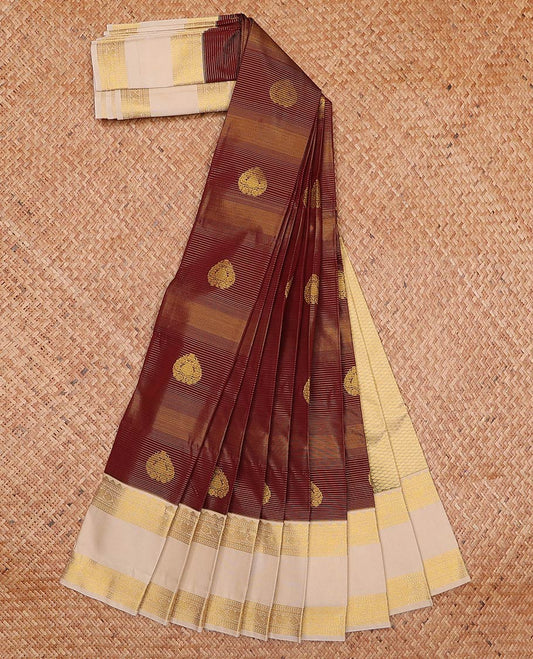 Maroon zari stripes and buttas gift saree, contrast traditional zari rettai pettu border, and jaal pallu