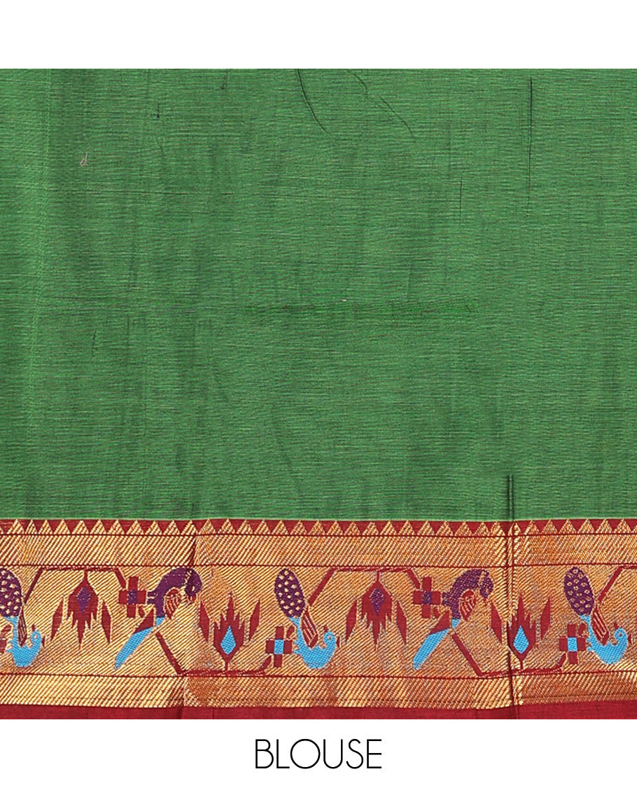 Green cotton half-saree, plain with contrast paithani style bordered skirt, matching blouse, and contrast temple border dhavani