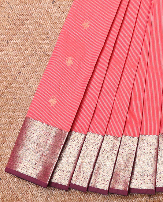 Pink Budget Silk Saree, Highlighted with Zari Buttas and Stripes on Its Body, Complemented by a Contrast Traditional Zari Border, Pallu of Jaal Designs, and Paired with a Contrast Blouse