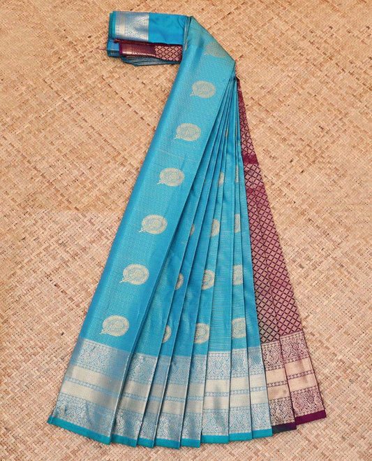 Blue Budget Silk Saree, Steeped with Zari Buttas and Stripes All Over Its Body, Highlighted by Traditional Zari Designs Woven Border, Grand Jaal Pallu and Paired with a Contrast Blouse