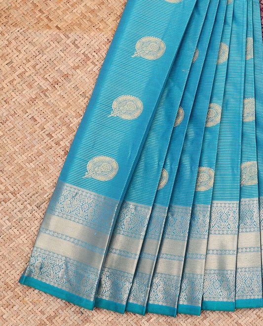 Blue Budget Silk Saree, Steeped with Zari Buttas and Stripes All Over Its Body, Highlighted by Traditional Zari Designs Woven Border, Grand Jaal Pallu and Paired with a Contrast Blouse