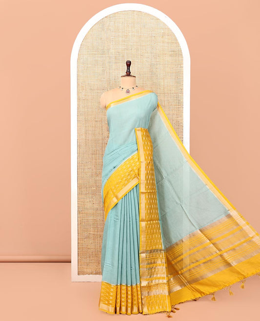 Blue Plain Assam Silk Saree, Complemented by a Contrast Traditional Zari Border, Zari-Design Pallu, and a Contrast Blouse