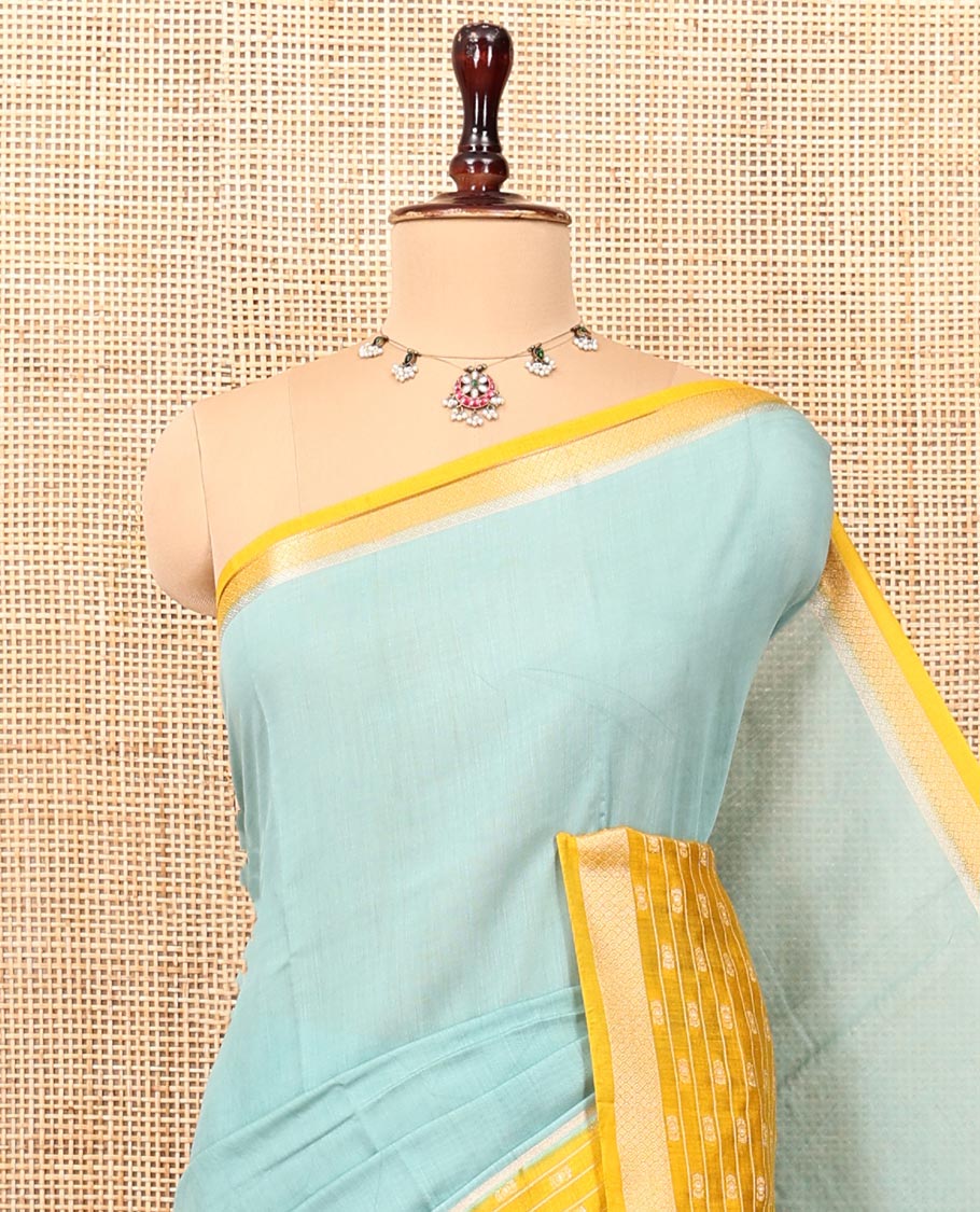 Blue Plain Assam Silk Saree, Complemented by a Contrast Traditional Zari Border, Zari-Design Pallu, and a Contrast Blouse