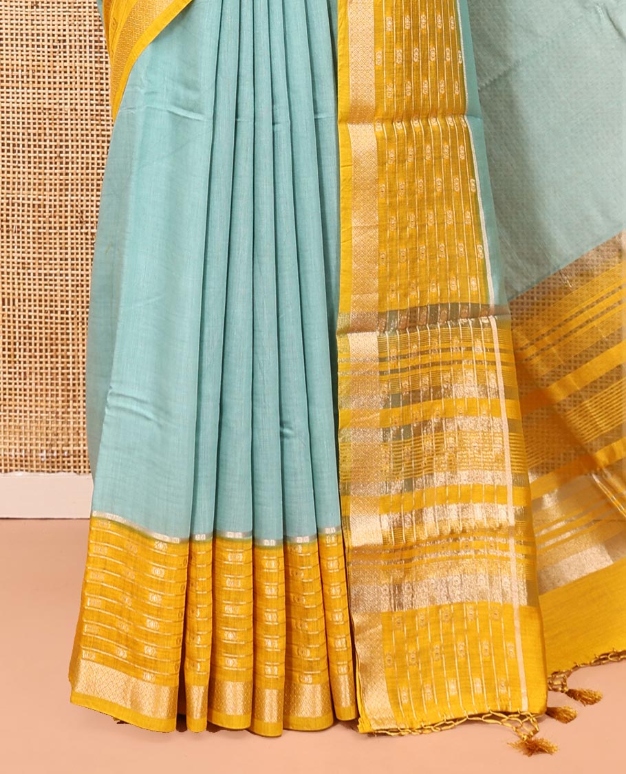 Blue Plain Assam Silk Saree, Complemented by a Contrast Traditional Zari Border, Zari-Design Pallu, and a Contrast Blouse