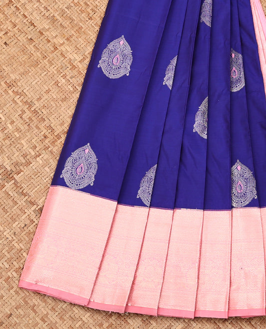 Blue Budget Silk Saree, Enriched with Zari Buttas All Over Its Body, Complemented by Contrast Traditional Zari Designs Woven Border, Sparsely Woven Jaal Pallu and Paired with a Contrast Blouse