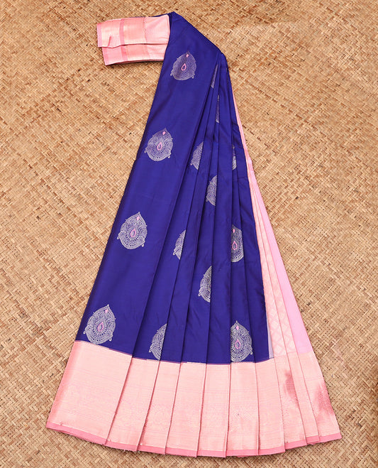 Blue Budget Silk Saree, Enriched with Zari Buttas All Over Its Body, Complemented by Contrast Traditional Zari Designs Woven Border, Sparsely Woven Jaal Pallu and Paired with a Contrast Blouse