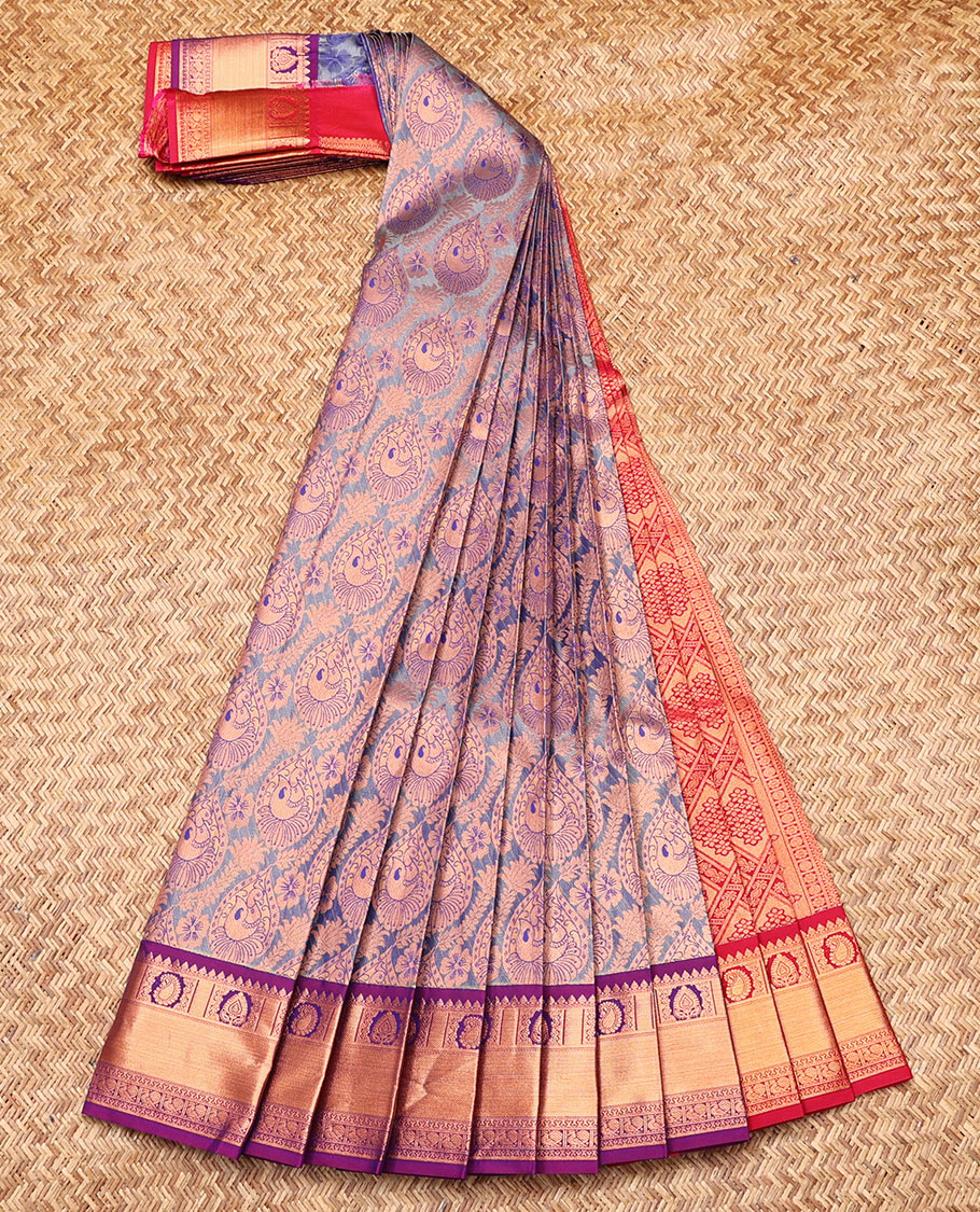 Grey Budget Silk Saree, Spotlighted with Jacquard Design, Contrast Traditional Zari Border, Grand Pallu, and a Contrast Blouse