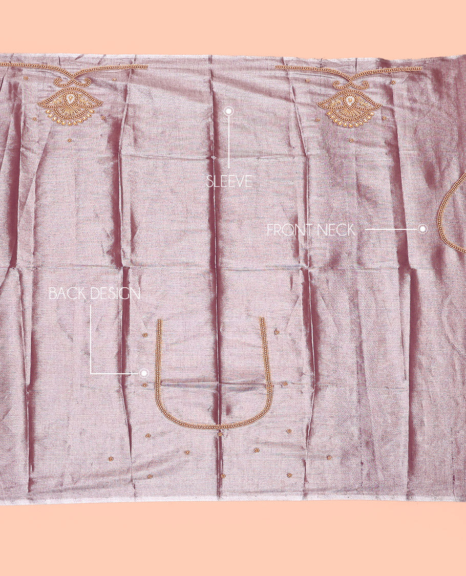Grape Color Aari Blouse Material, Spotlighted with Unique Pattern Sugar Bead Embroidery on Its Sleeves, and Subtle Sugar Bead Work on Its Back and Front Neck