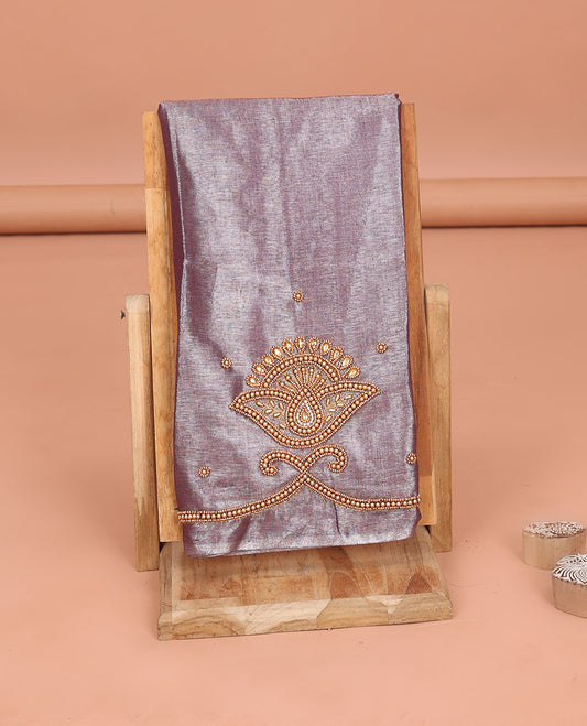 Grape Color Aari Blouse Material, Spotlighted with Unique Pattern Sugar Bead Embroidery on Its Sleeves, and Subtle Sugar Bead Work on Its Back and Front Neck