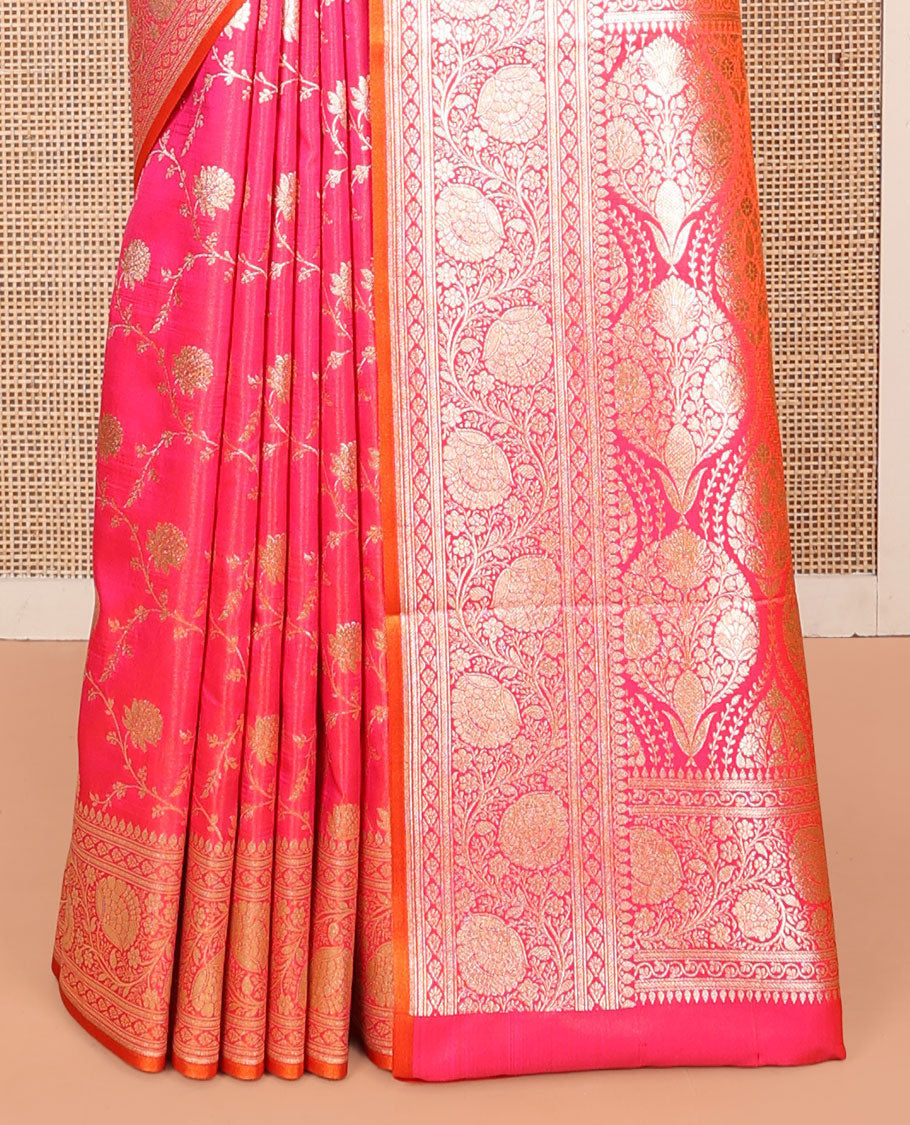 Rani Pink Banarasi Nylon Saree, Masterfully Woven with Jacquard, a Floral Creeper Zari Border, Intricate Pallu, and a Matching Blouse