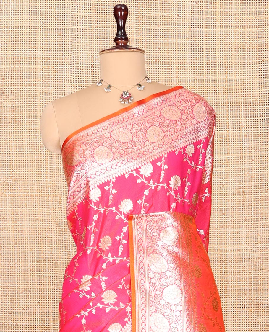 Rani Pink Banarasi Nylon Saree, Masterfully Woven with Jacquard, a Floral Creeper Zari Border, Intricate Pallu, and a Matching Blouse