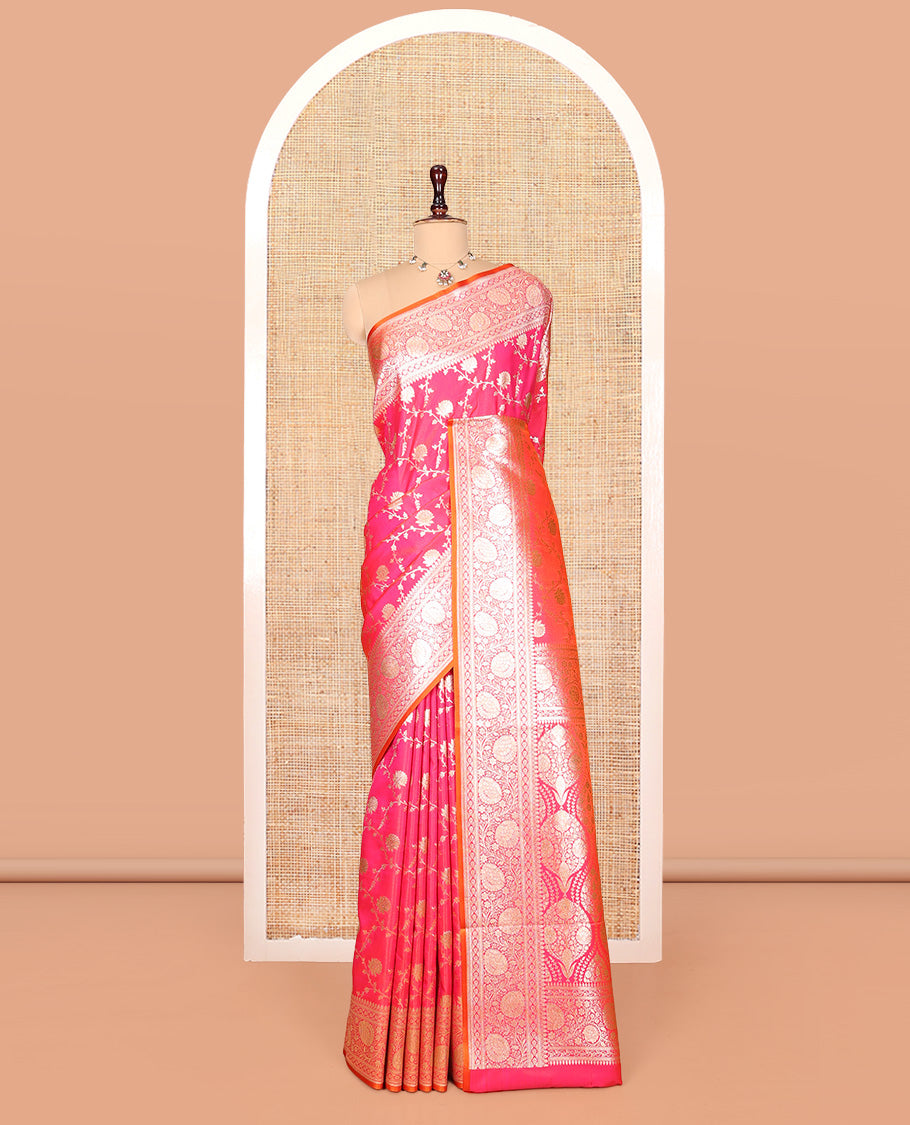 Rani Pink Banarasi Nylon Saree, Masterfully Woven with Jacquard, a Floral Creeper Zari Border, Intricate Pallu, and a Matching Blouse