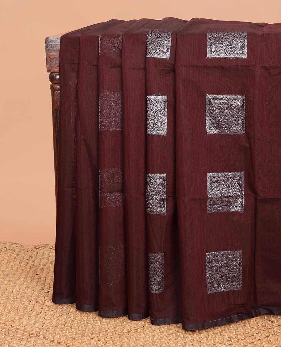 Borderless maroon square buttas woven semi-silk cotton saree, zari-rich jaal design pallu