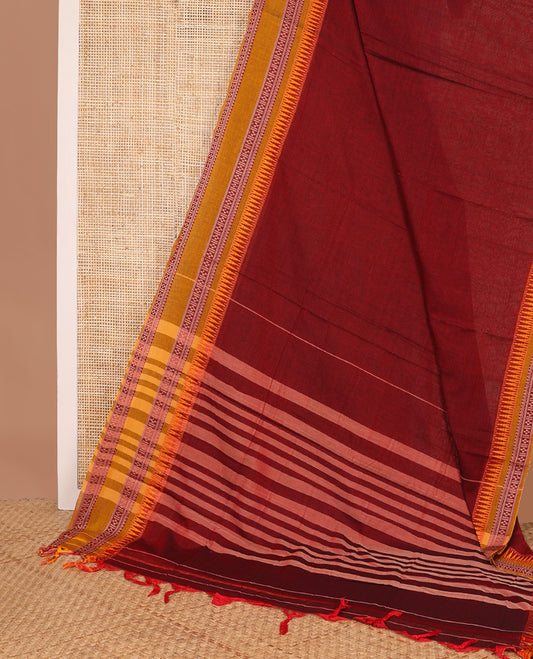Maroon plain Narayanapet cotton saree, contrast temple rettai pettu traditional motifs woven border, and striped pallu