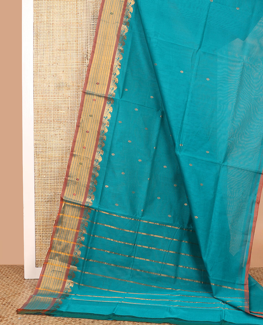 Blue zari buttas Venkatagiri cotton saree, contrast traditional zari border, and zari striped pallu