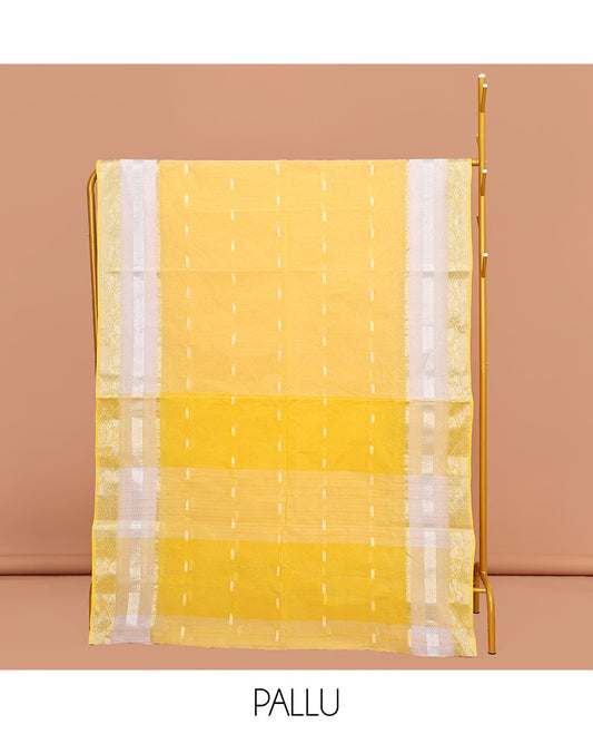 Yellow Bengal Cotton Saree, Adorned with Buttas All Over Its Body, Highlighted by a Traditional Zari Design Border, Pallu of Buttas, and Paired with a Matching Blouse