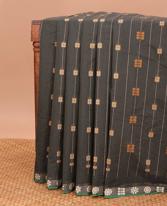 Dark grey floral stripes Coimbatore cotton saree, contrast butta border, and pallu steeped with traditional designs