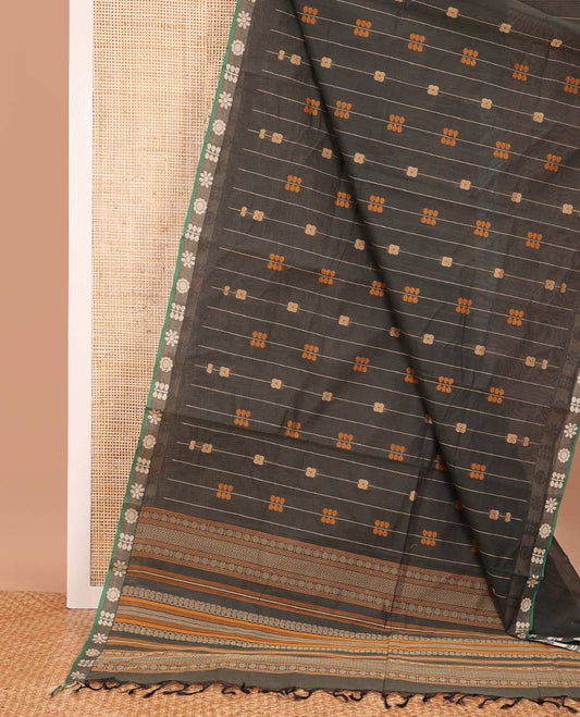 Dark grey floral stripes Coimbatore cotton saree, contrast butta border, and pallu steeped with traditional designs