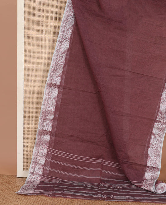 Brown Plain Bengal Cotton Saree, Complemented by a Contrast Leaf Design Border, and Pallu Steeped with Stripes