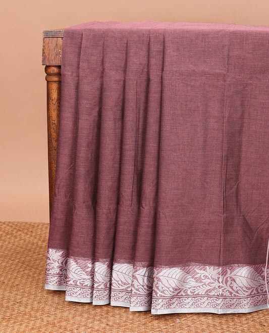 Brown Plain Bengal Cotton Saree, Complemented by a Contrast Leaf Design Border, and Pallu Steeped with Stripes
