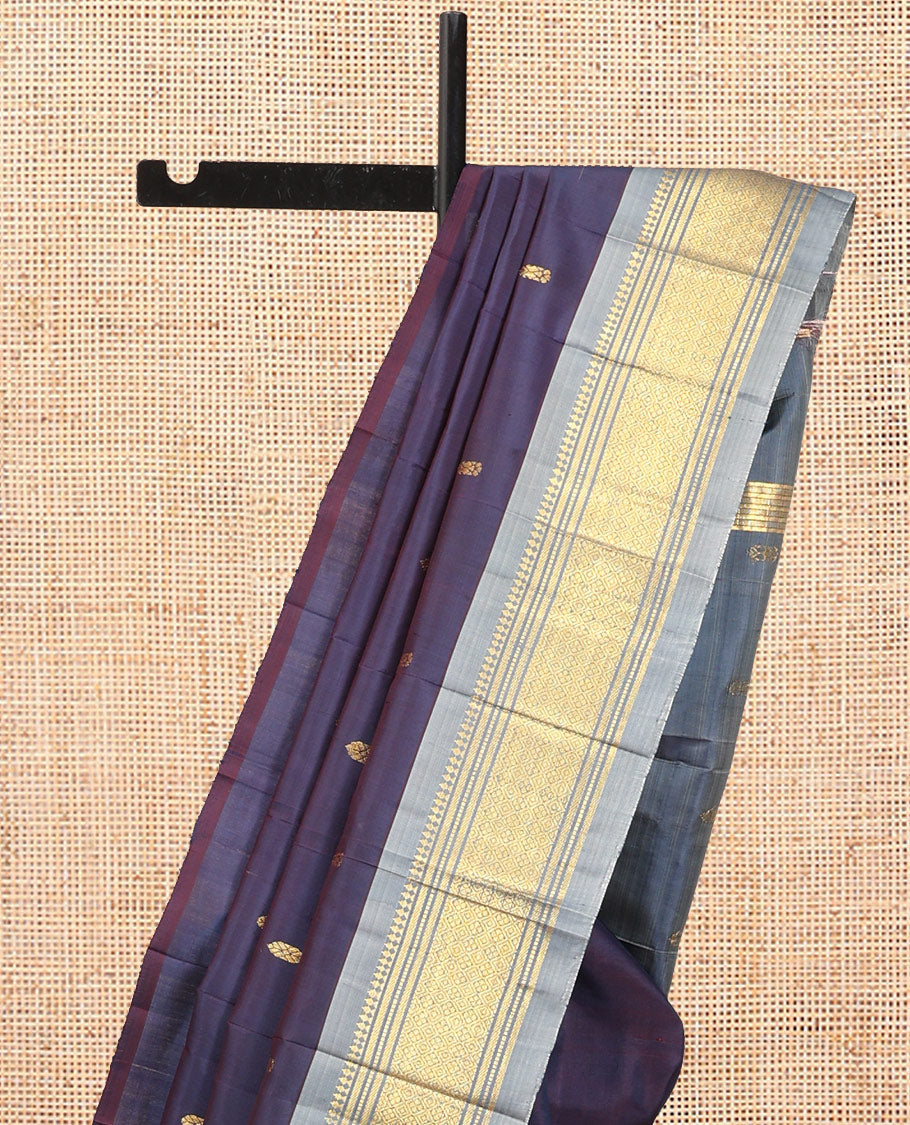 Blue Kanchipuram Silk Saree, Woven with Zari Buttas, Complemented by a Contrast Border of Panner Sombu, Banaras, Muthu, and Jaal Design, Zari Design Pallu, and No Blouse