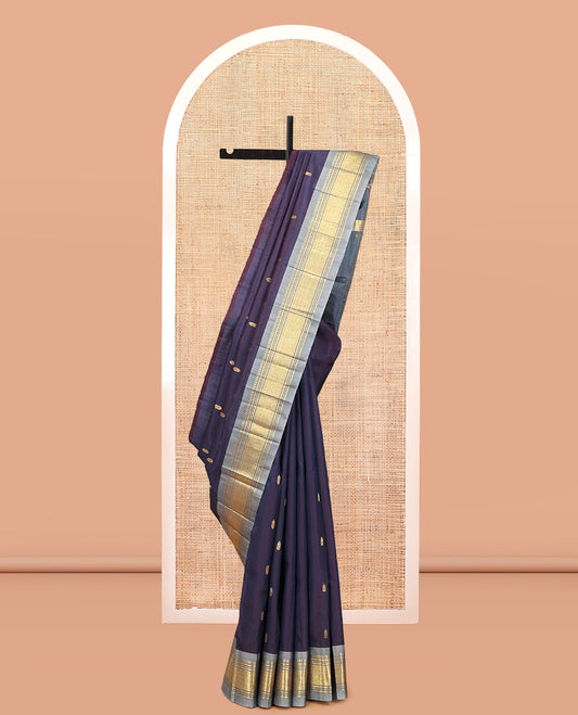 Blue Kanchipuram Silk Saree, Woven with Zari Buttas, Complemented by a Contrast Border of Panner Sombu, Banaras, Muthu, and Jaal Design, Zari Design Pallu, and No Blouse