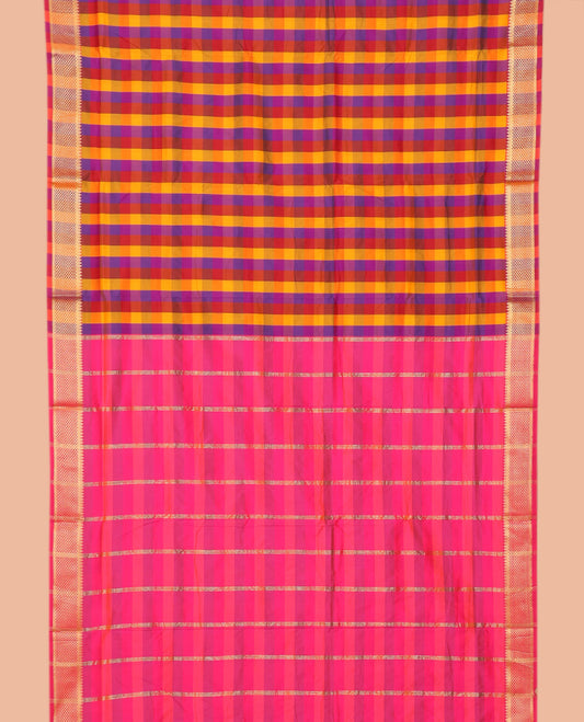 Multi-Color Palum Pazhamum Checked Nine-Yard Saree, Gleamed up with a Ara Maadam Border, Contrast Pallu of Stripes, and No Blouse