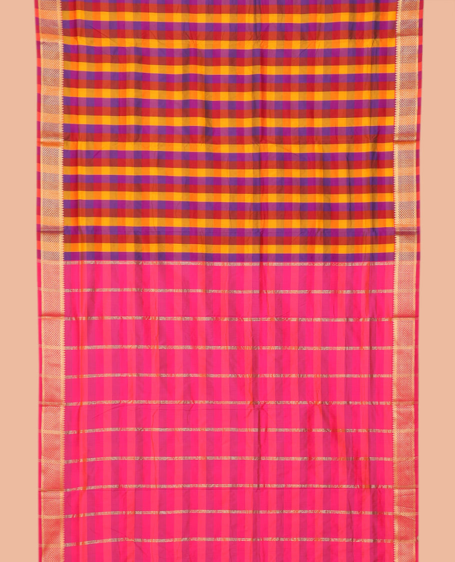 Multi-Color Palum Pazhamum Checked Nine-Yard Saree, Gleamed up with a Ara Maadam Border, Contrast Pallu of Stripes, and No Blouse