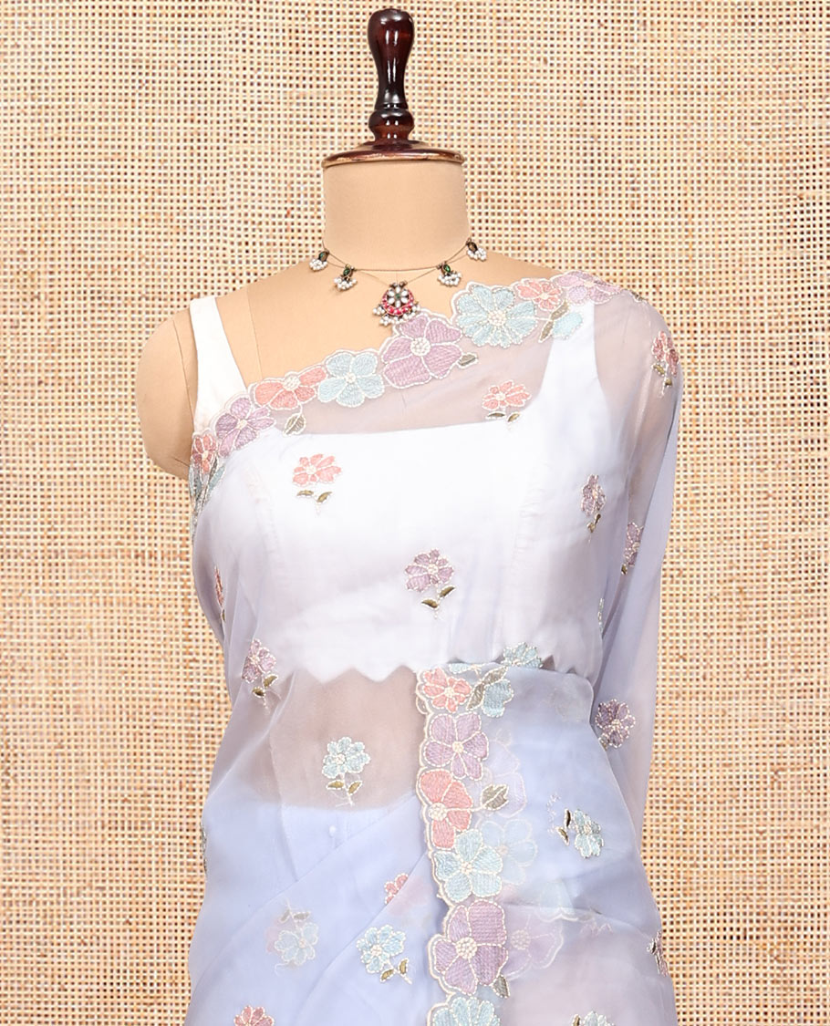 Lavender Organza Saree, Woven with Floral Embroidery, a Scalloped Floral Embroidery Border, and a Matching Blouse