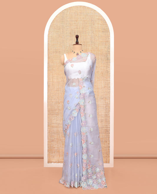 Lavender Organza Saree, Woven with Floral Embroidery, a Scalloped Floral Embroidery Border, and a Matching Blouse