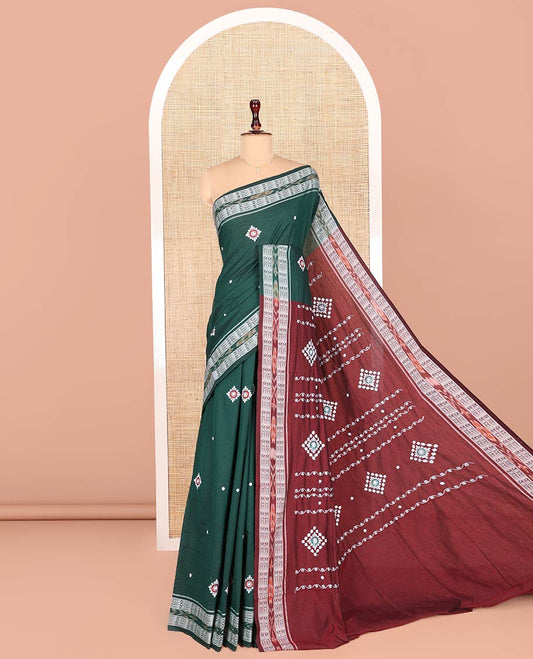 Dark Green Odisha Cotton Saree, Delicately Woven with Buttas and Checks All Over the Body, Complemented by a Contrast Temple Border of Geometric and Animal Motifs in Hazily Weaves, Pallu Depicts Hazily Patterns, and Has No Blouse