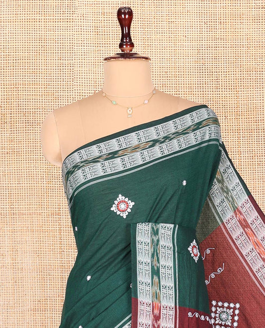 Dark Green Odisha Cotton Saree, Delicately Woven with Buttas and Checks All Over the Body, Complemented by a Contrast Temple Border of Geometric and Animal Motifs in Hazily Weaves, Pallu Depicts Hazily Patterns, and Has No Blouse
