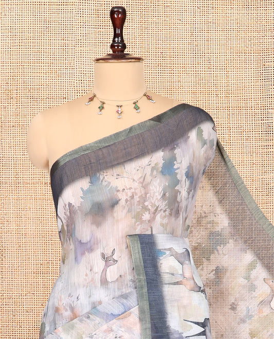 Dark Blue Linen Cotton Saree, Detailed with Floral and Deer Motifs Print, a Contrast Border, Striped Pallu, Contrast Blouse