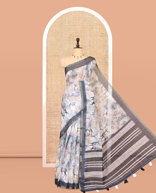 Dark Blue Linen Cotton Saree, Detailed with Floral and Deer Motifs Print, a Contrast Border, Striped Pallu, Contrast Blouse